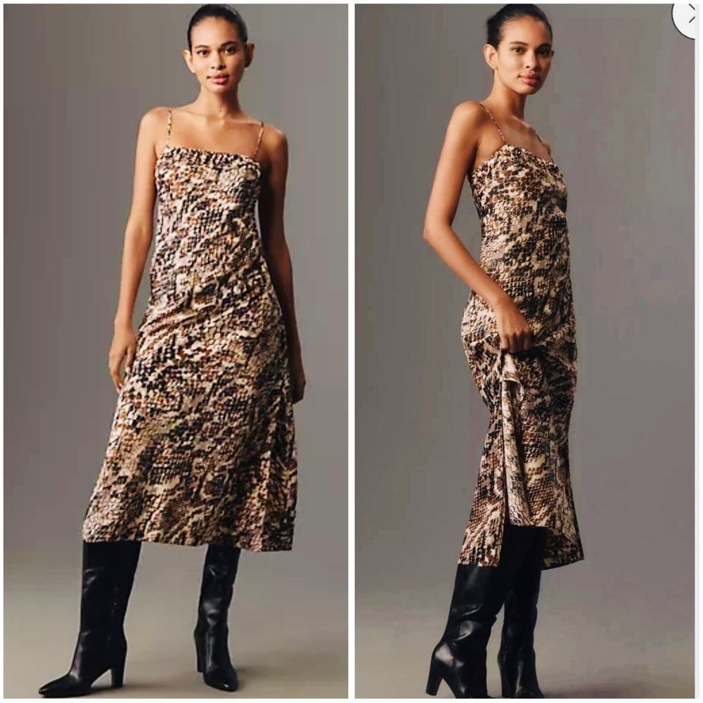 ANTHROPOLOGIE Satin Silky Snakeskin Print Cocktail Party Midi Slip Dress S NWT